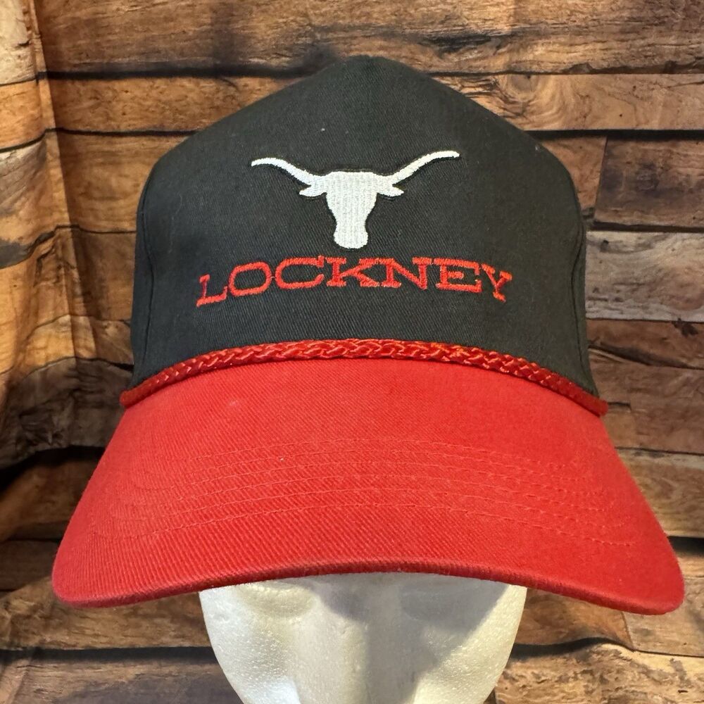Vtg OC Lockney Texas D&J Gin Longhorn Rope Hat Snapback Cap Black Red Trucker